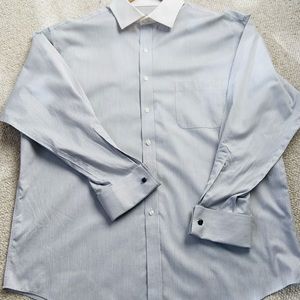 Tasso Elba Gray & White Stripe Button Up L/S French Cuff Shirt Men’s XL 17-17.5
